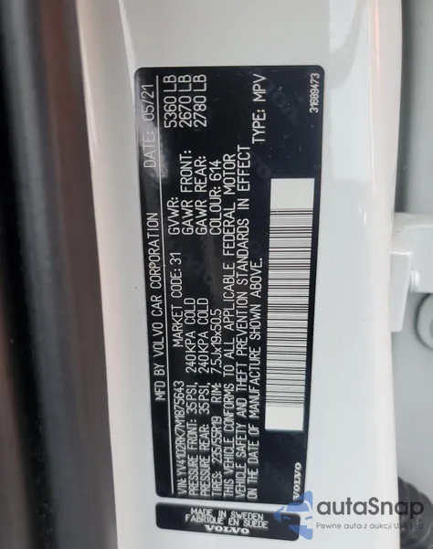 2021 Volvo Xc60 T5 Momentum из США, поврежденный, VIN YV4102RK7M1875643